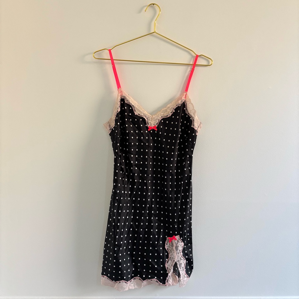 Polka Dot Lace Trim Slip Dress Satin Mini Dress Size Small